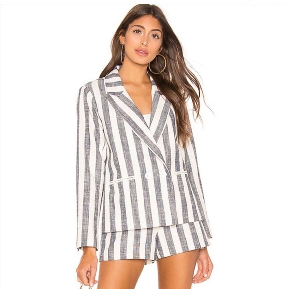 L'Academie Jackets & Blazers - L'Academie Poppy Linen Blend Blue White Striped Blazer Size Small